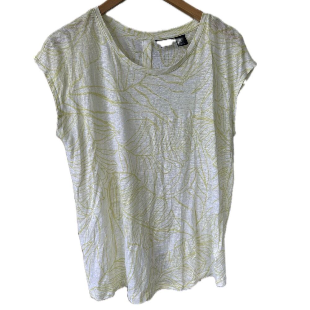Tahari 100% Linen Hawaiian Inspired Tropical Leaves Graphic Back Botton Shirt M